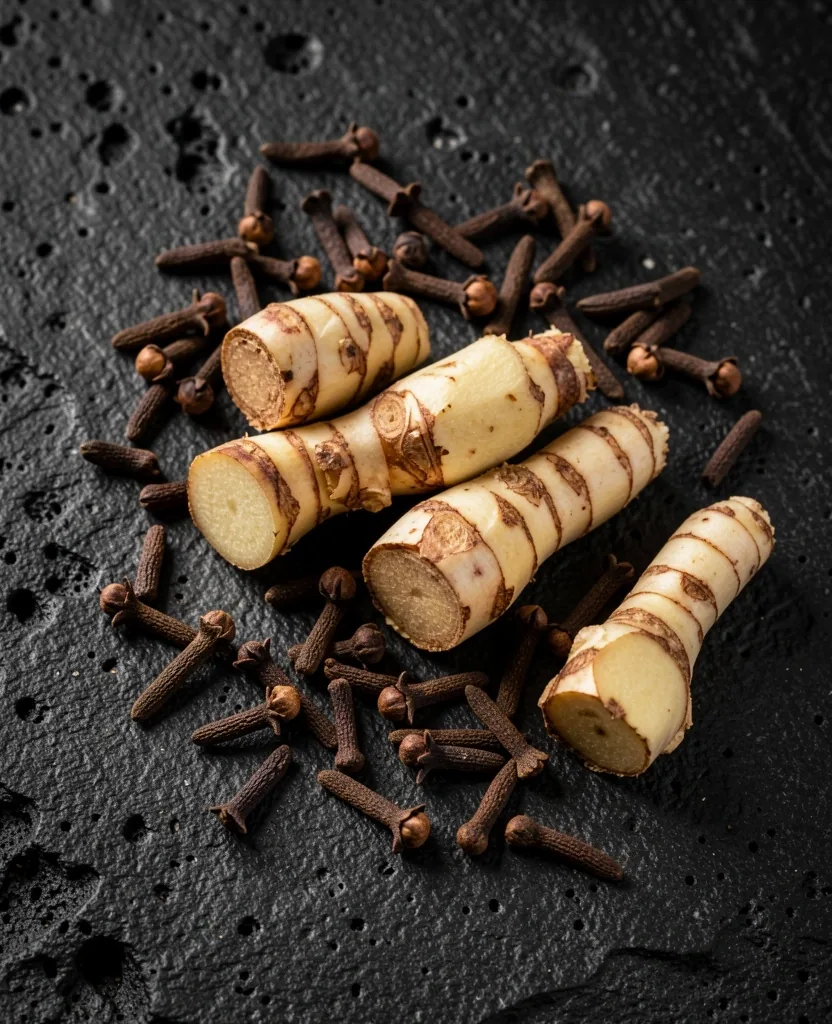 Botanical ingredients on dark surface