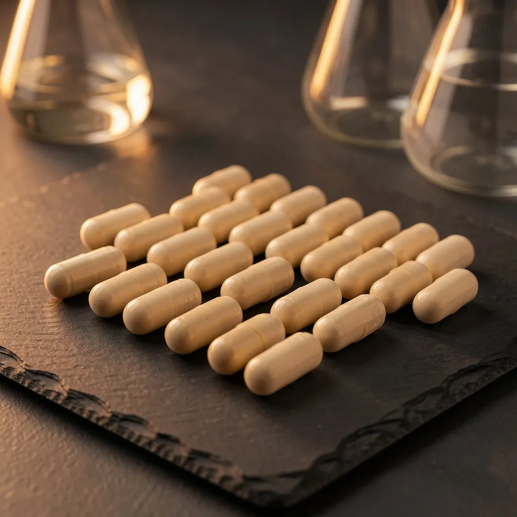 Natural supplement capsules on a dark surface