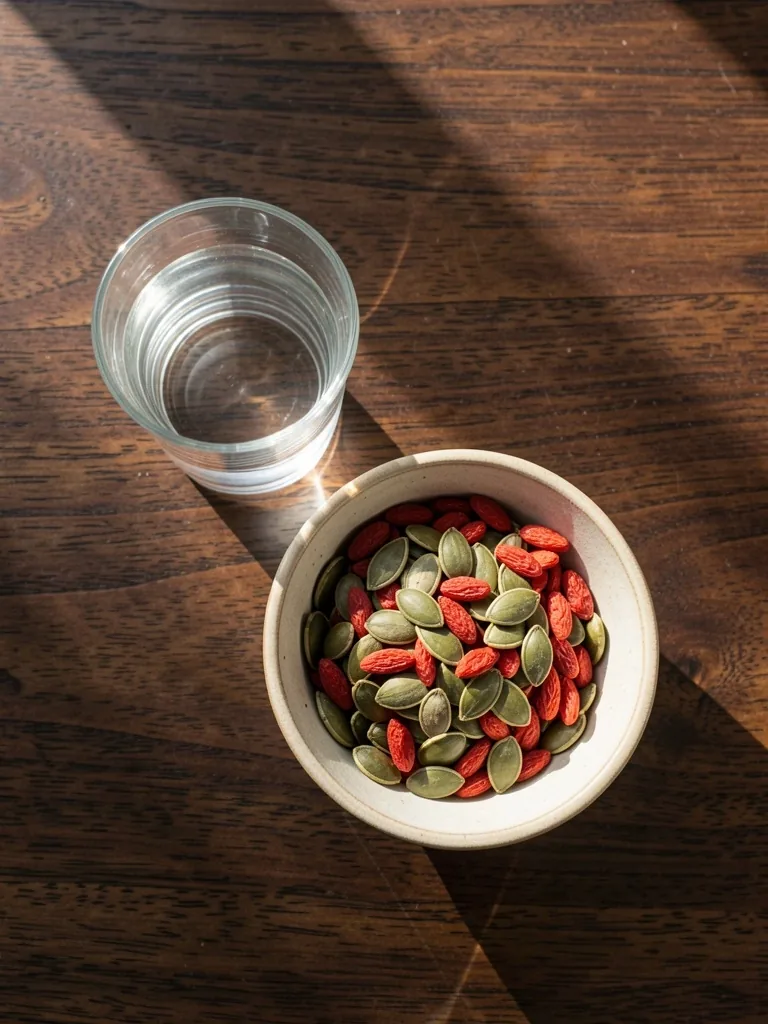 Glass of water and bowl of seeds on dark surface