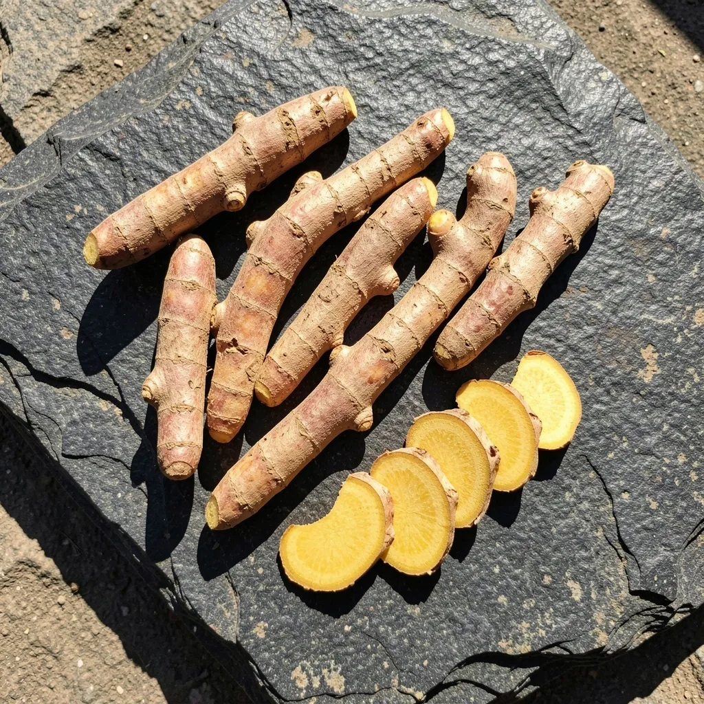 Turmeric roots and dried ginger on stone surface