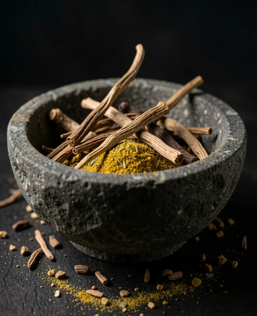 Botanical supplement ingredients arranged in a stone mortar