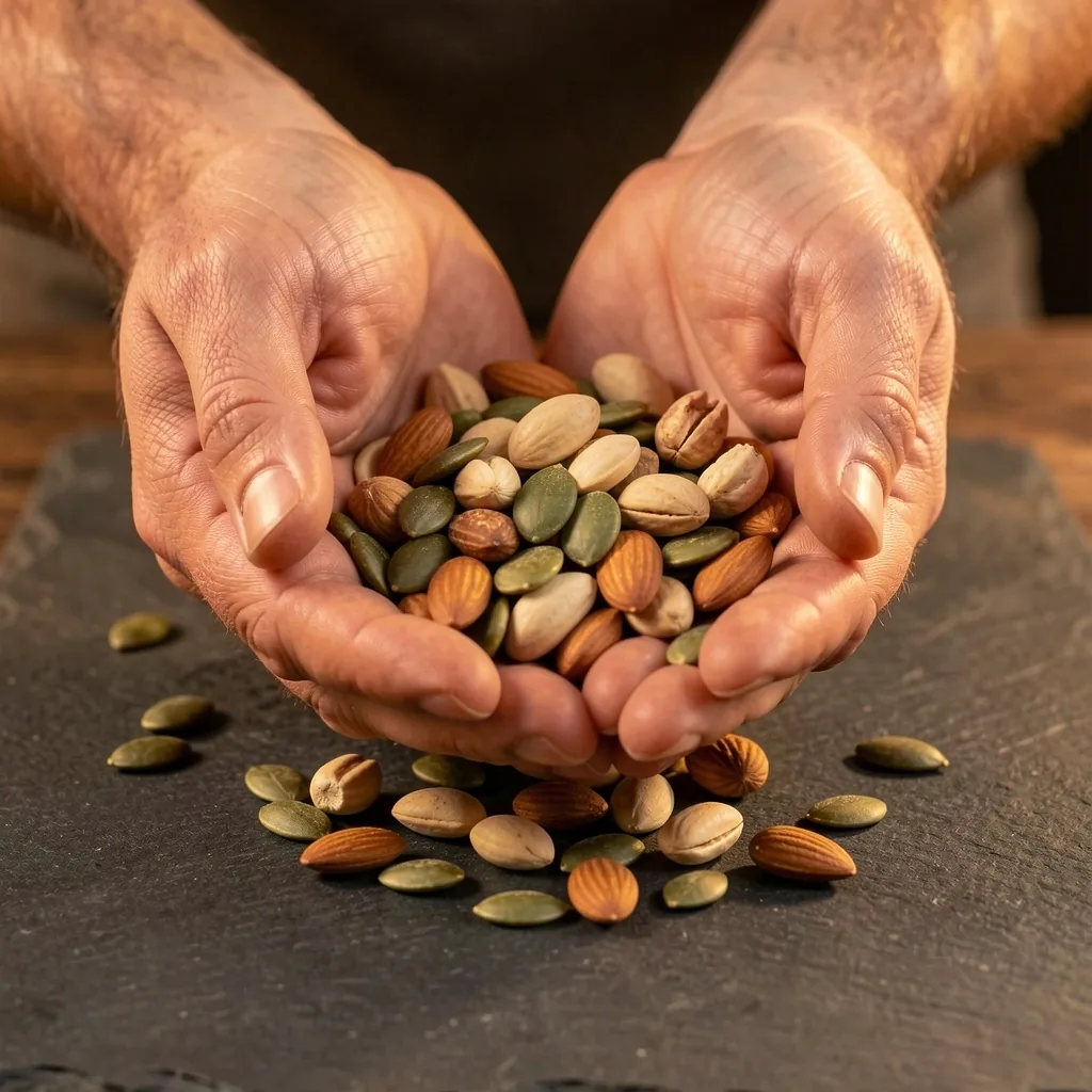 Hands holding mixed nuts and seeds on a dark surface