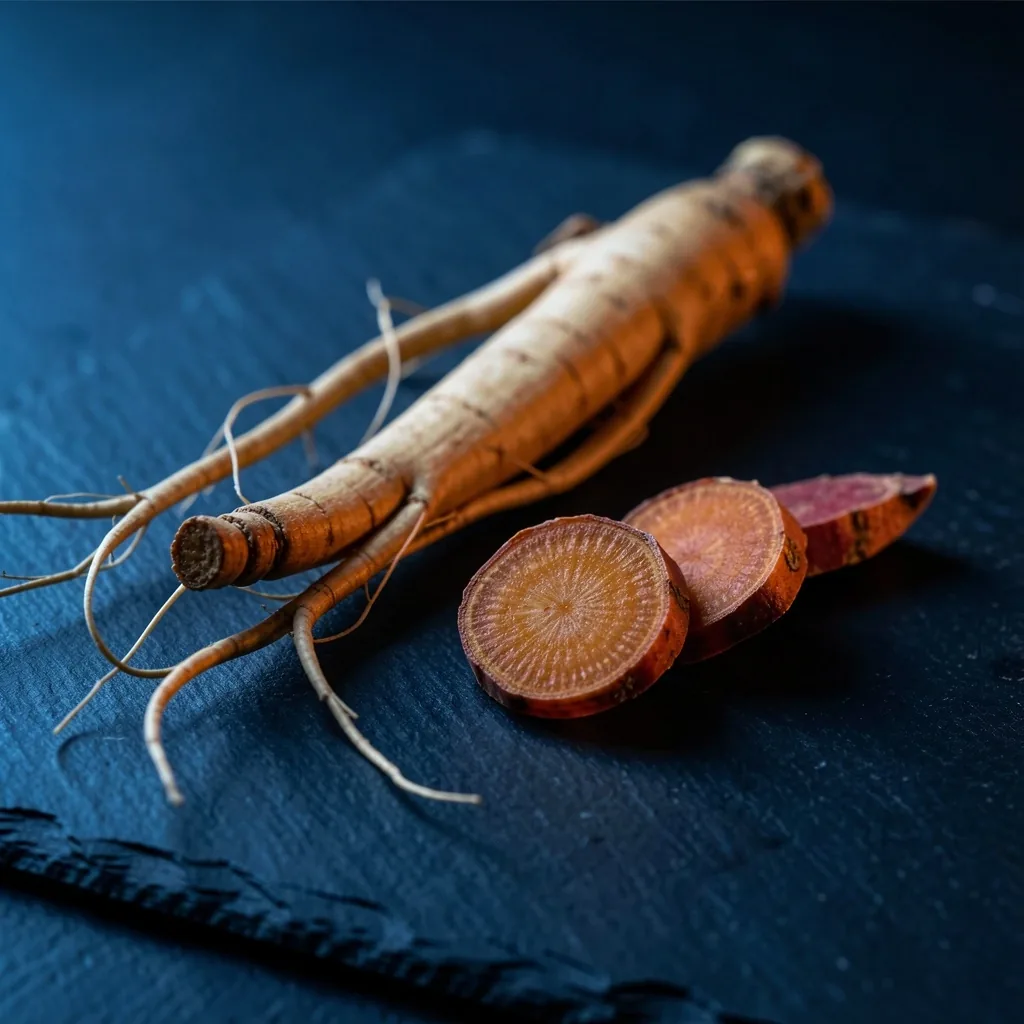 Ginseng and rhodiola roots on a dark surface
