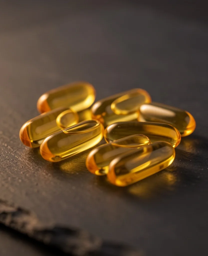 Natural supplement capsules on dark surface