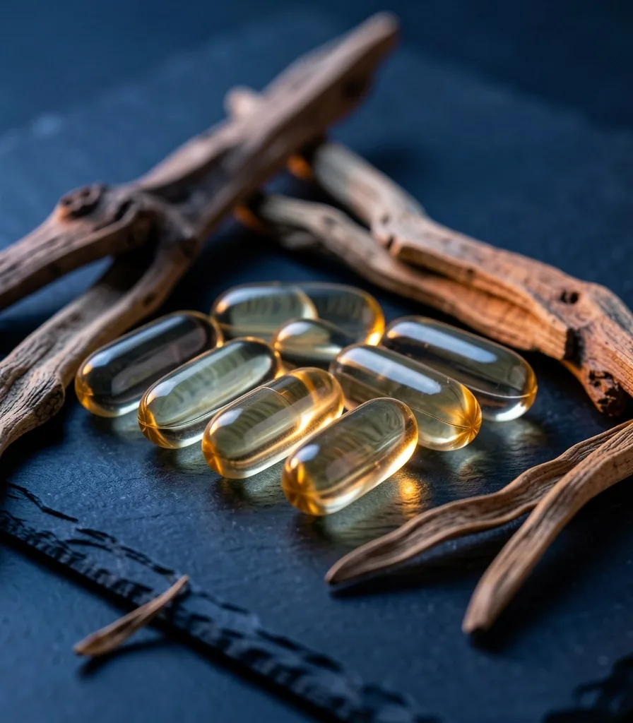Natural supplement capsules arranged on a dark surface